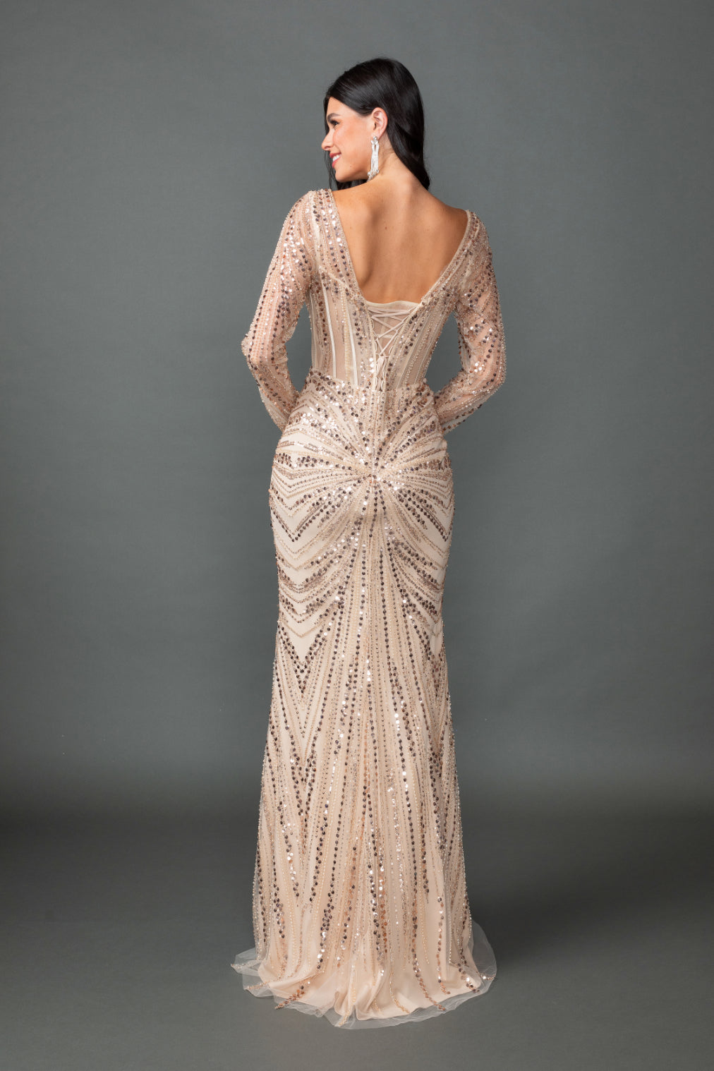 4550 Sweetheart Illusion Corset Prom Dress with Sheer Long Sleeves, Sequin Embellishments, and High Slit Fitted Silhouette