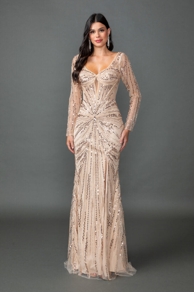 4550 Sweetheart Illusion Corset Prom Dress with Sheer Long Sleeves, Sequin Embellishments, and High Slit Fitted Silhouette