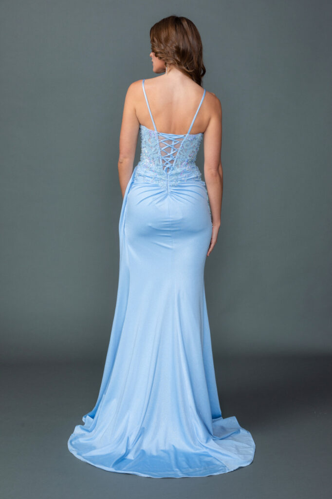 4556 Beaded Glitter Prom Dress with Sheer Corset Bodice, Spaghetti Straps, and Ruched Side Slit Skirt