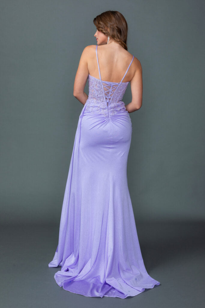 4556 Beaded Glitter Prom Dress with Sheer Corset Bodice, Spaghetti Straps, and Ruched Side Slit Skirt
