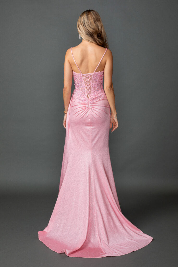 4556 Beaded Glitter Prom Dress with Sheer Corset Bodice, Spaghetti Straps, and Ruched Side Slit Skirt