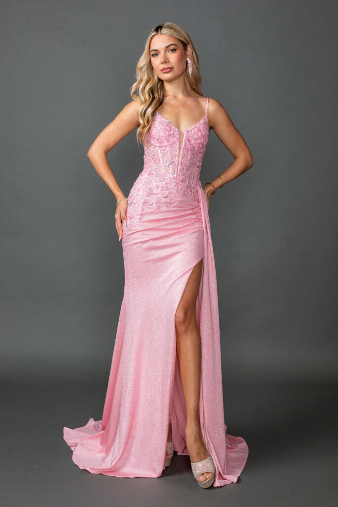 4556 Beaded Glitter Prom Dress with Sheer Corset Bodice, Spaghetti Straps, and Ruched Side Slit Skirt