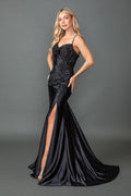 4558 Sleeveless Sweetheart Neckline Prom Dress with Beaded Lace Bodice, Draped Satin Skirt, and High Slit