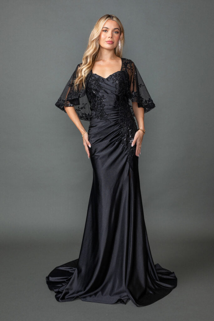 4558 Sleeveless Sweetheart Neckline Prom Dress with Beaded Lace Bodice, Draped Satin Skirt, and High Slit