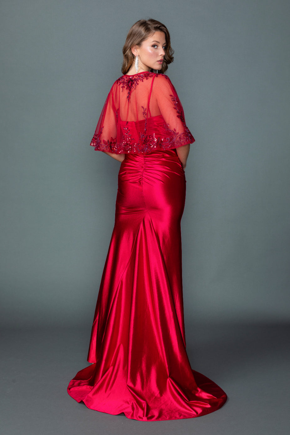 4558 Sleeveless Sweetheart Neckline Prom Dress with Beaded Lace Bodice, Draped Satin Skirt, and High Slit