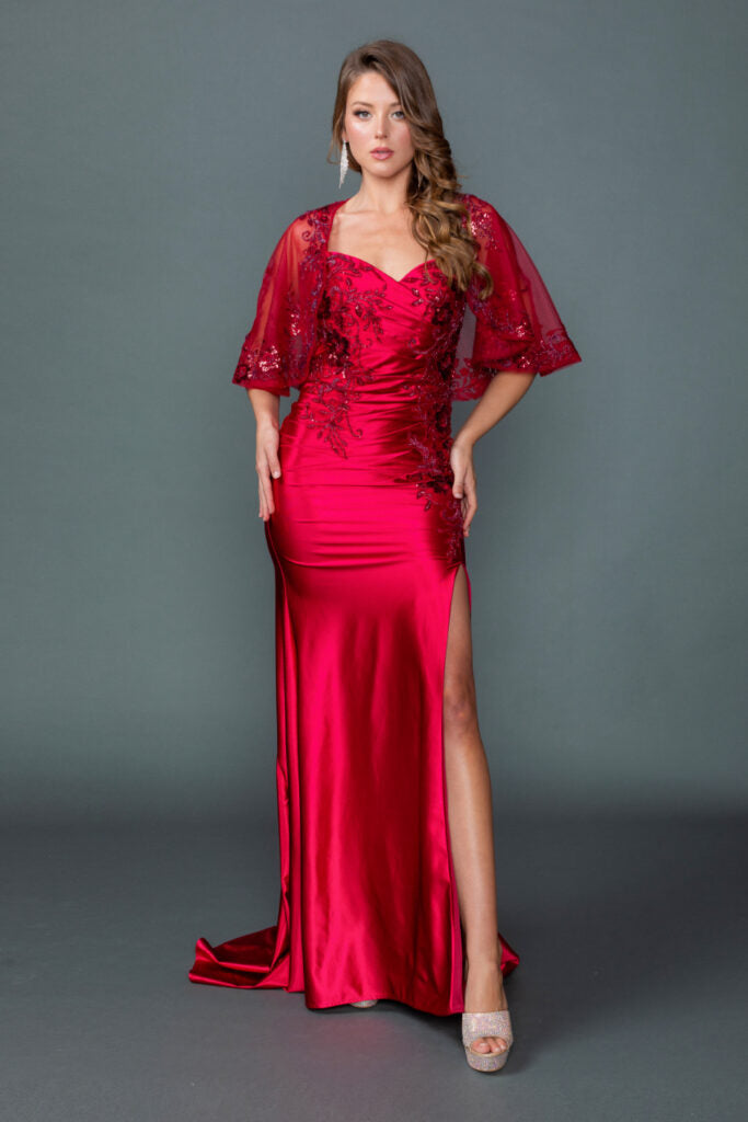 4558 Sleeveless Sweetheart Neckline Prom Dress with Beaded Lace Bodice, Draped Satin Skirt, and High Slit