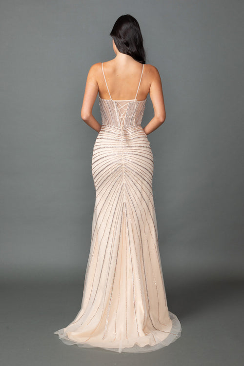 4566 Spaghetti Strap Sweetheart Illusion Corset Beaded Prom Dress with Radiating Embellishment and High Slit