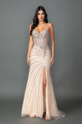 4566 Spaghetti Strap Sweetheart Illusion Corset Beaded Prom Dress with Radiating Embellishment and High Slit