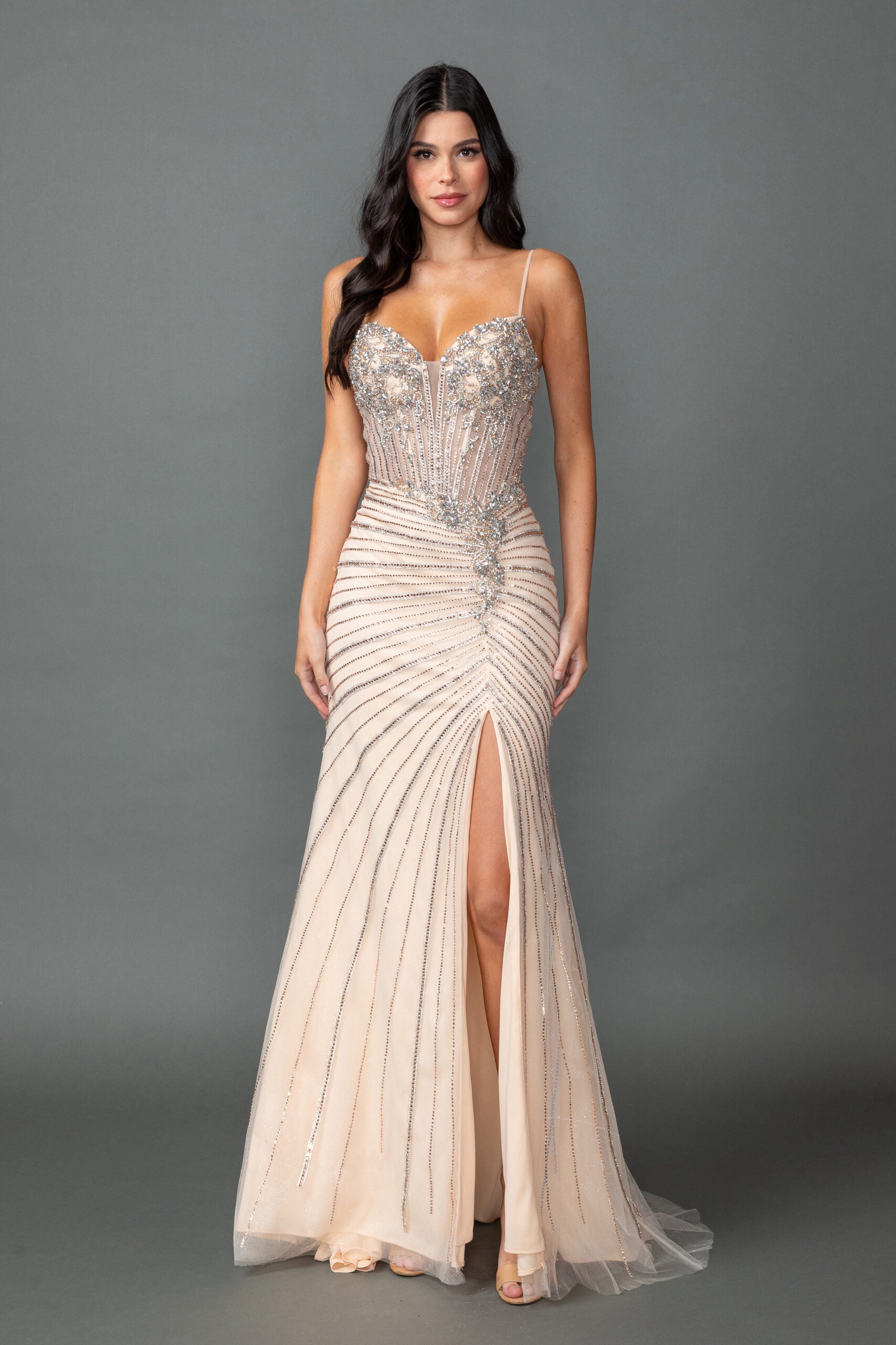 4566 Spaghetti Strap Sweetheart Illusion Corset Beaded Prom Dress with Radiating Embellishment and High Slit