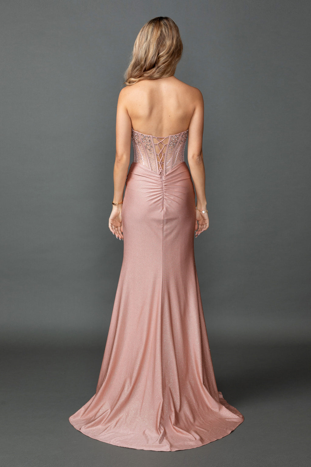 4573 Strapless Embellished Corset Bodice Draped Satin Fitted Prom Dress with High Slit and Train