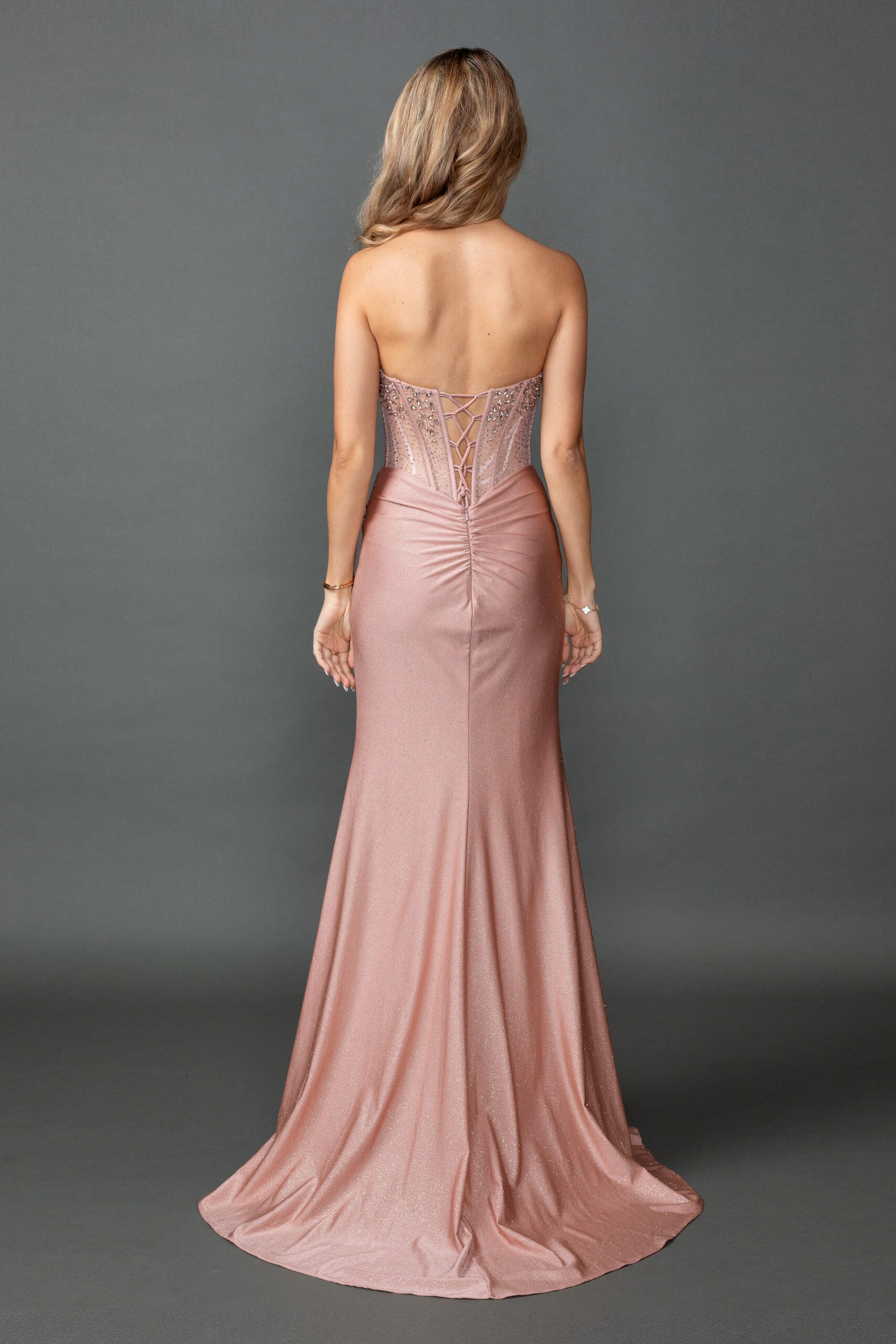 4573 Strapless Embellished Corset Bodice Draped Satin Fitted Prom Dress with High Slit and Train