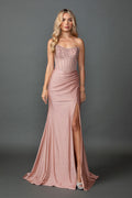 4573 Strapless Embellished Corset Bodice Draped Satin Fitted Prom Dress with High Slit and Train