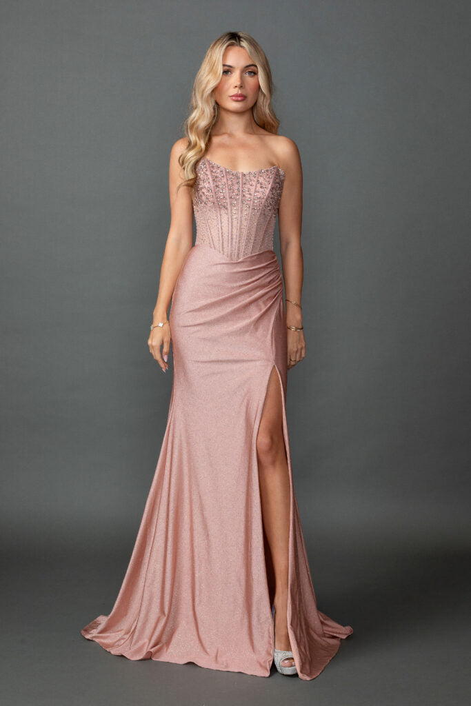 4573 Strapless Embellished Corset Bodice Draped Satin Fitted Prom Dress with High Slit and Train