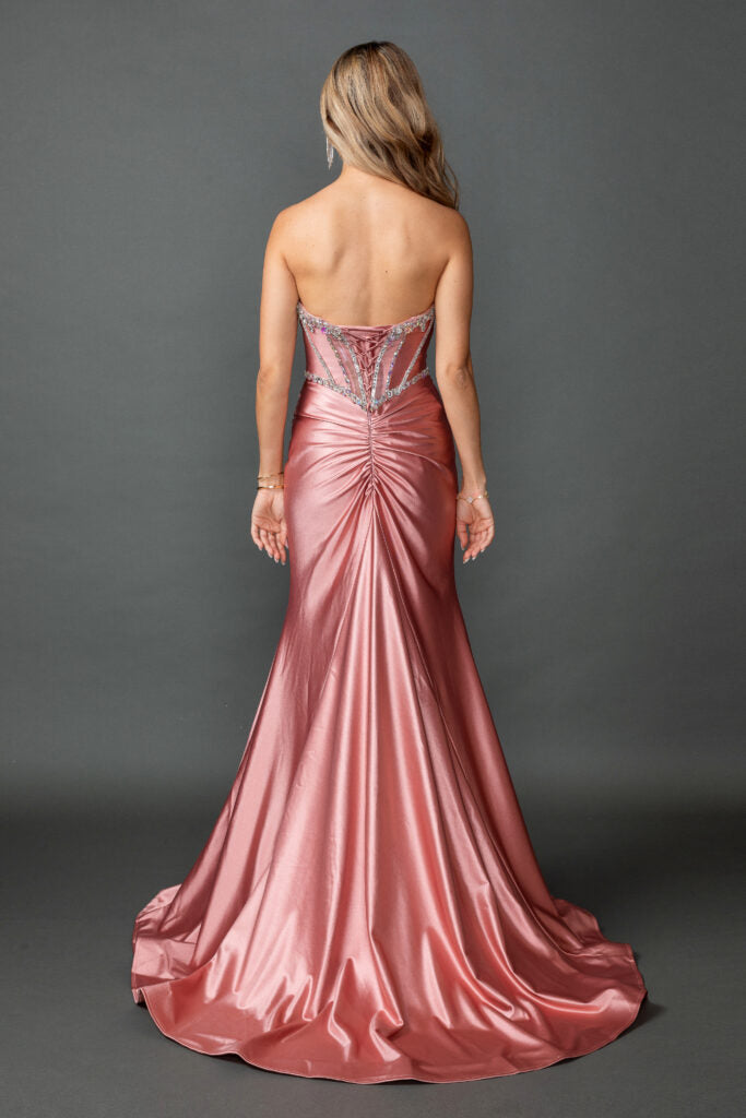 4580 Strapless Satin Prom Dress with Embellished Corset Bodice, Draped Skirt, and High Slit