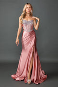 4580 Strapless Satin Prom Dress with Embellished Corset Bodice, Draped Skirt, and High Slit