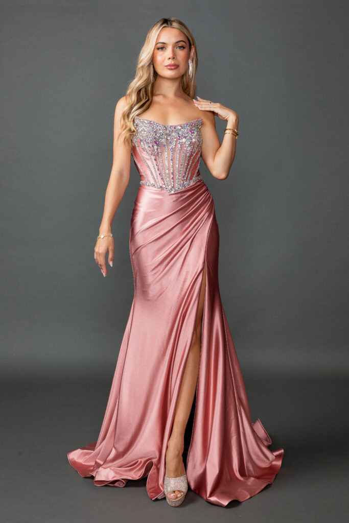 4580 Strapless Satin Prom Dress with Embellished Corset Bodice, Draped Skirt, and High Slit