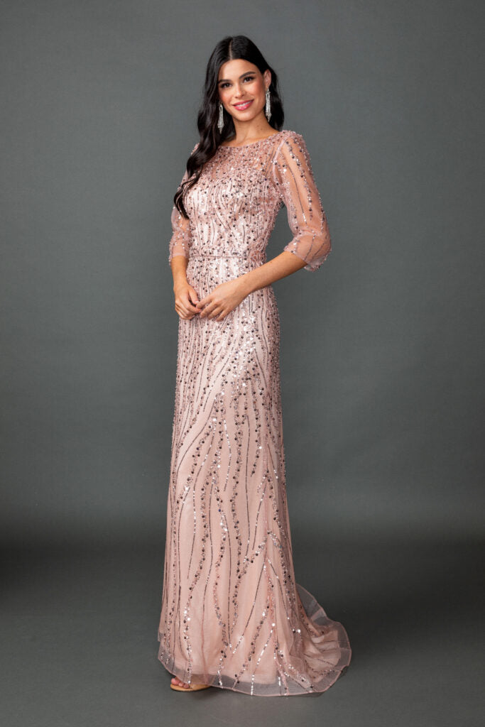 4588 Illusion Beaded Long Sleeve Fitted Mesh Prom Dress