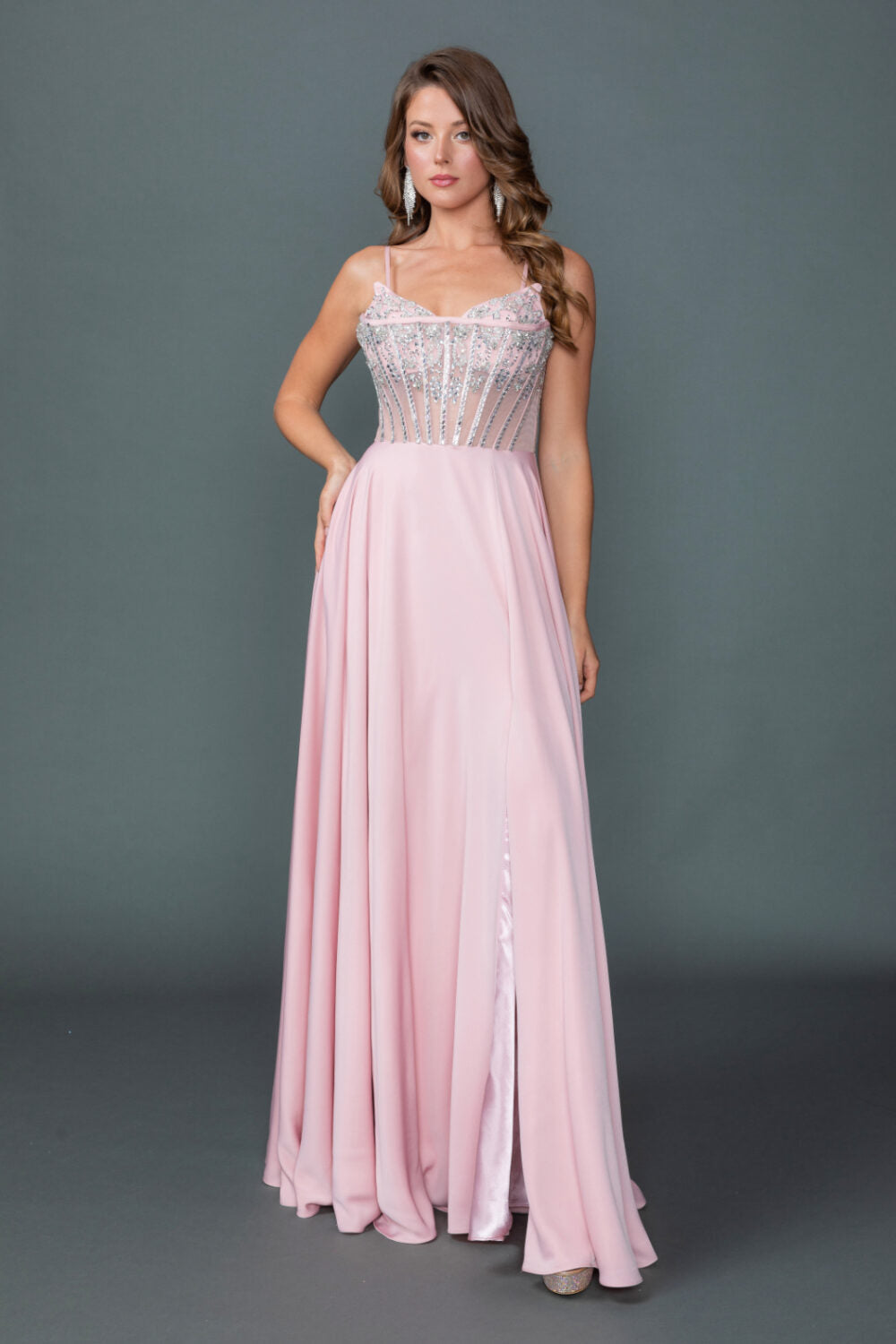 4589 Sweetheart Neckline Illusion Corset Bodice Prom Dress with Flowing A-Line Skirt and High Slit