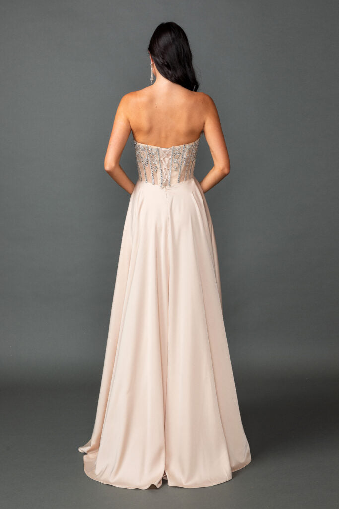 4589 Sweetheart Neckline Illusion Corset Bodice Prom Dress with Flowing A-Line Skirt and High Slit