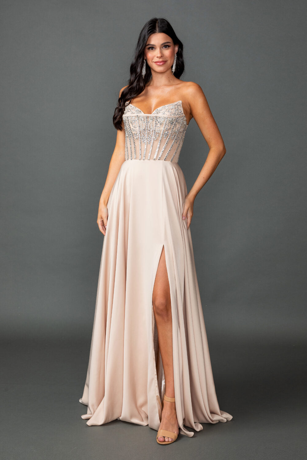 4589 Sweetheart Neckline Illusion Corset Bodice Prom Dress with Flowing A-Line Skirt and High Slit