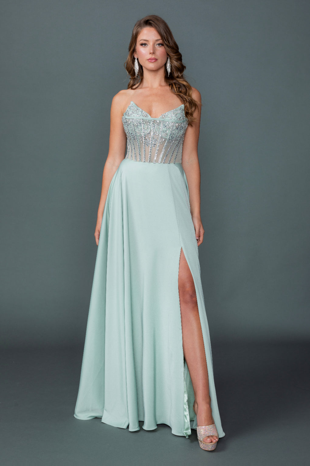4589 Sweetheart Neckline Illusion Corset Bodice Prom Dress with Flowing A-Line Skirt and High Slit