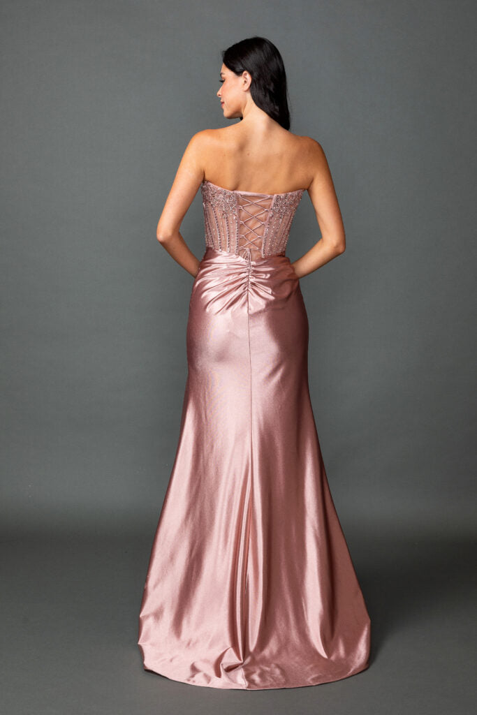 4592 Strapless Embellished Corset Bodice Satin Prom Dress with Draped Waist and High Slit