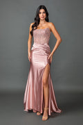 4592 Strapless Embellished Corset Bodice Satin Prom Dress with Draped Waist and High Slit