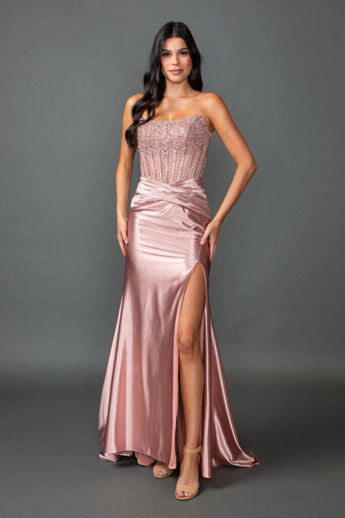 4592 Strapless Embellished Corset Bodice Satin Prom Dress with Draped Waist and High Slit