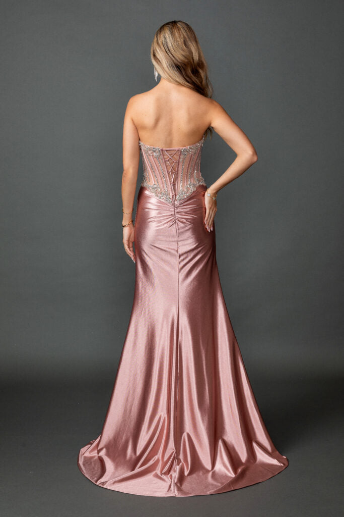 4594 Strapless Embellished Corset Bodice Satin Prom Dress with Draped Waist and High Slit Floor-Length Silhouette