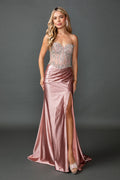 4594 Strapless Embellished Corset Bodice Satin Prom Dress with Draped Waist and High Slit Floor-Length Silhouette
