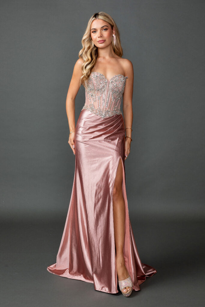 4594 Strapless Embellished Corset Bodice Satin Prom Dress with Draped Waist and High Slit Floor-Length Silhouette