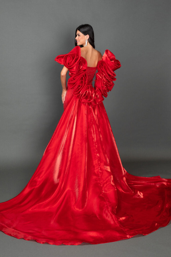4558 Sleeveless Sweetheart Neckline Prom Dress with Beaded Lace Bodice, Draped Satin Skirt, and High Slit