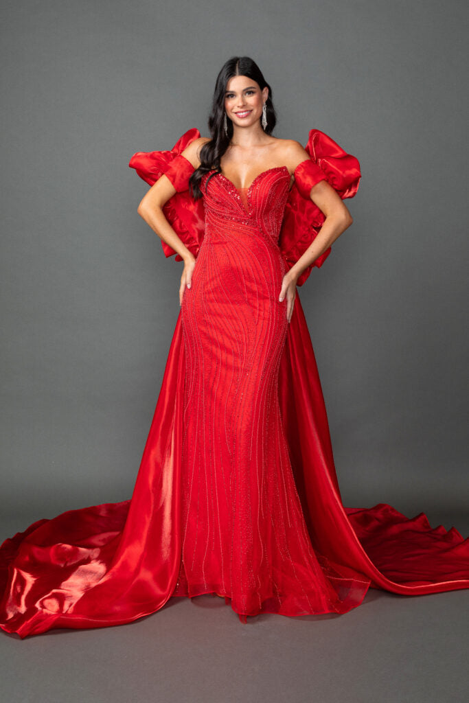 4558 Sleeveless Sweetheart Neckline Prom Dress with Beaded Lace Bodice, Draped Satin Skirt, and High Slit