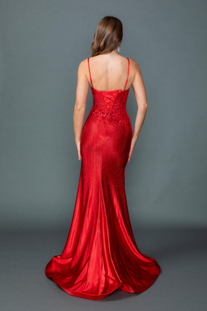 4605 Spaghetti Strap Sweetheart Beaded Corset Bodice Applique Fitted Gown with High Slit and Floor-Length Train Prom Dress