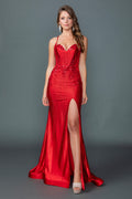 4605 Spaghetti Strap Sweetheart Beaded Corset Bodice Applique Fitted Gown with High Slit and Floor-Length Train Prom Dress