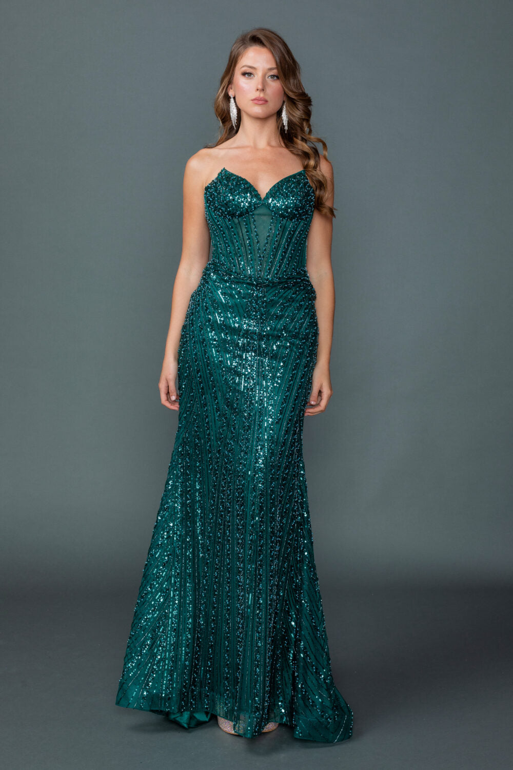 4606 Sweetheart Strapless Illusion Corset Bodice Fully Sequined Fitted Mermaid Gown with Floor-Length Hem Prom Dress