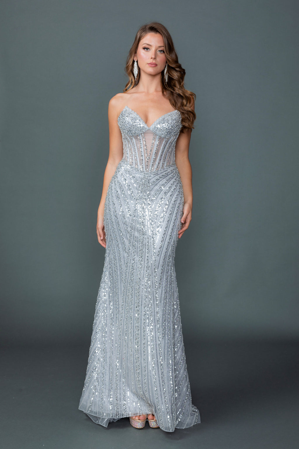 4606 Sweetheart Strapless Illusion Corset Bodice Fully Sequined Fitted Mermaid Gown with Floor-Length Hem Prom Dress