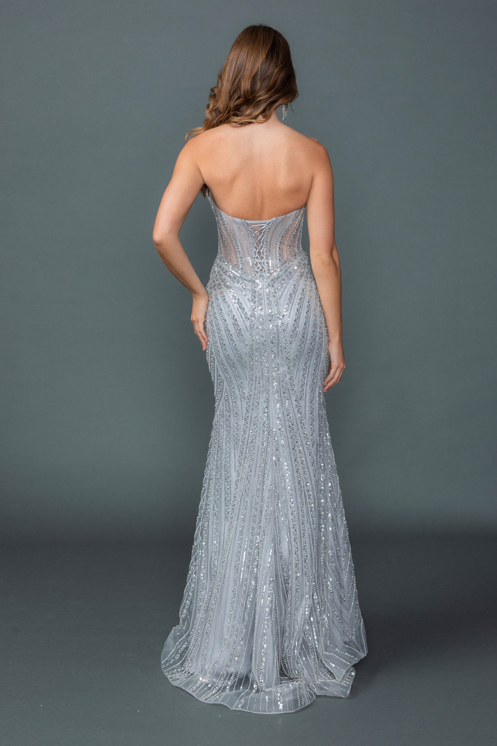 4606 Sweetheart Strapless Illusion Corset Bodice Fully Sequined Fitted Mermaid Gown with Floor-Length Hem Prom Dress