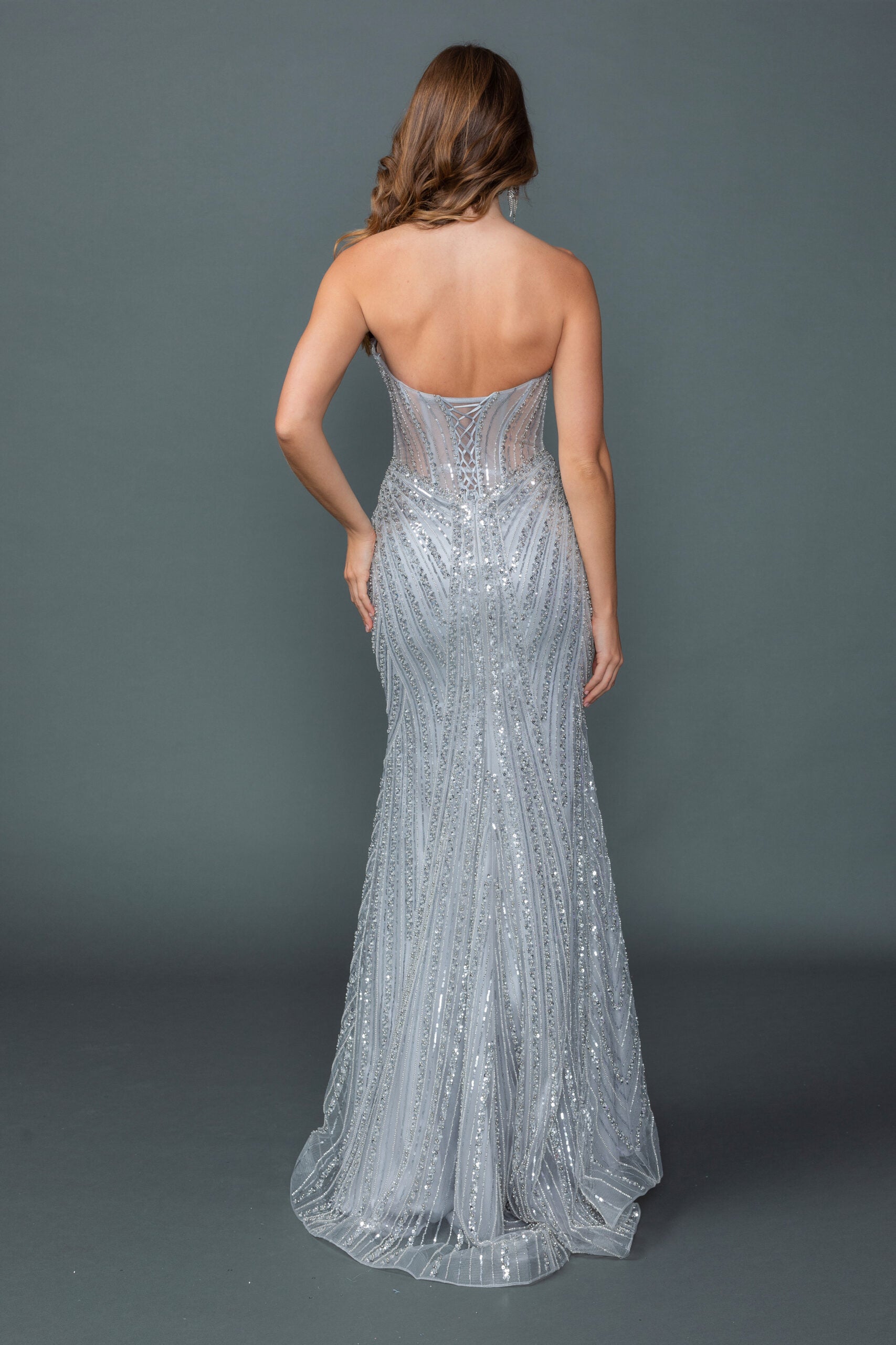 4606 Sweetheart Strapless Illusion Corset Bodice Fully Sequined Fitted Mermaid Gown with Floor-Length Hem Prom Dress