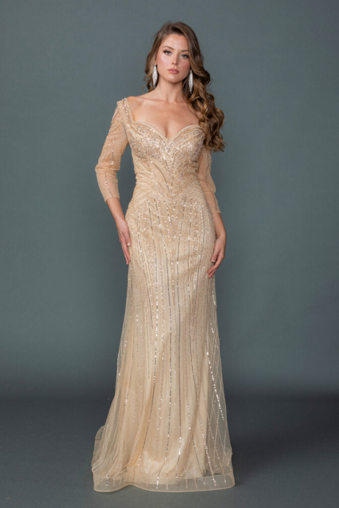 4611 Off-Shoulder Illusion Sleeve Embellished Fitted Prom Dress with Sheer Beaded Overlay and Sweep Train