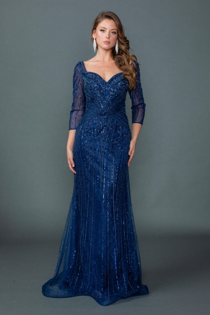 4611 Off-Shoulder Illusion Sleeve Embellished Fitted Prom Dress with Sheer Beaded Overlay and Sweep Train