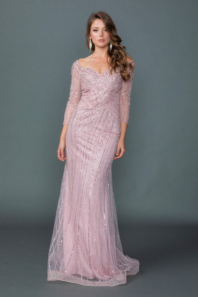 4611 Off-Shoulder Illusion Sleeve Embellished Fitted Prom Dress with Sheer Beaded Overlay and Sweep Train