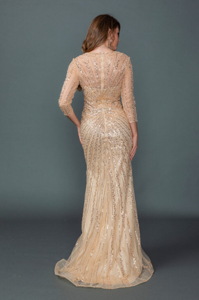 4612 V-Neck Sheer Illusion Sleeve Beaded Embellished Fitted Prom Dress with Front Slit and Floor-Length Silhouette