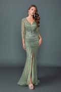 4612 V-Neck Sheer Illusion Sleeve Beaded Embellished Fitted Prom Dress with Front Slit and Floor-Length Silhouette